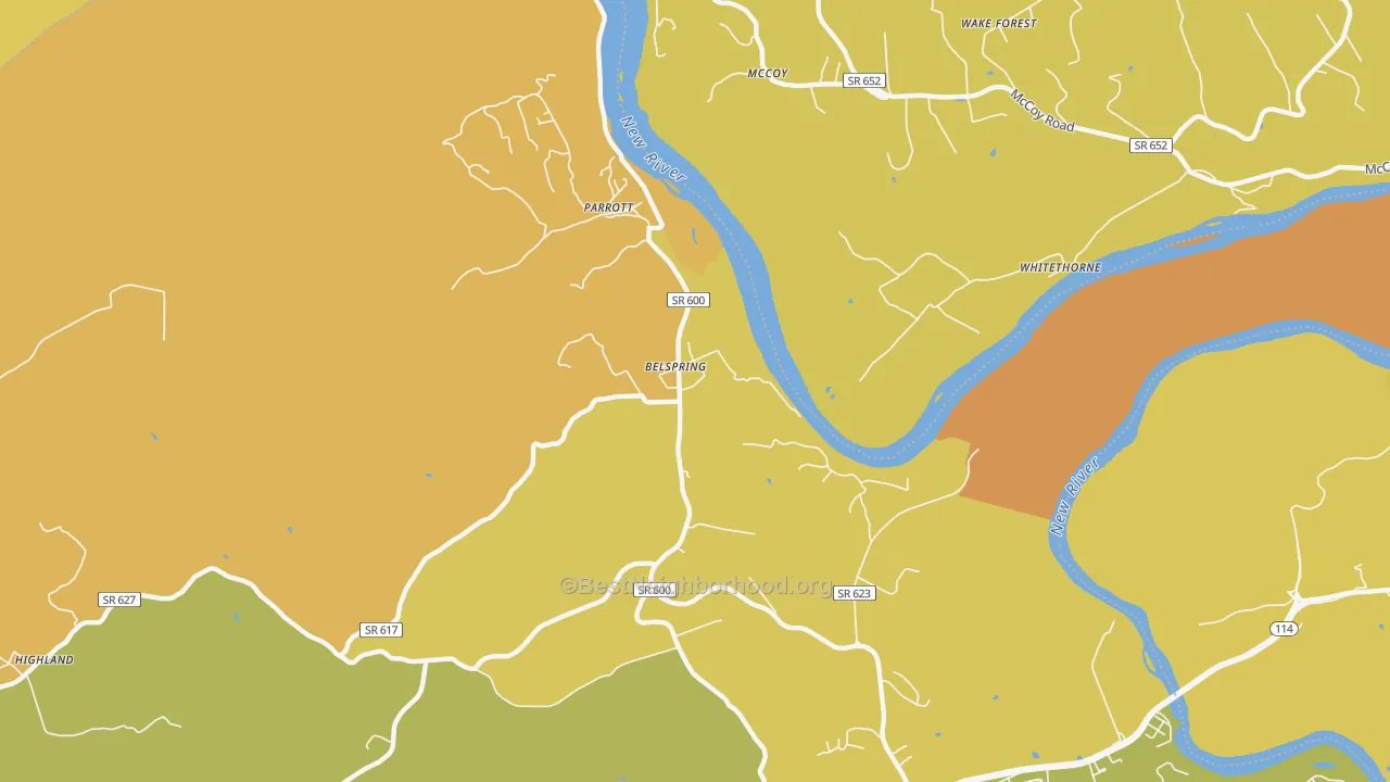 Map of the best neighborhoods in the Belspring area, with better matches in green and worse matches in red
