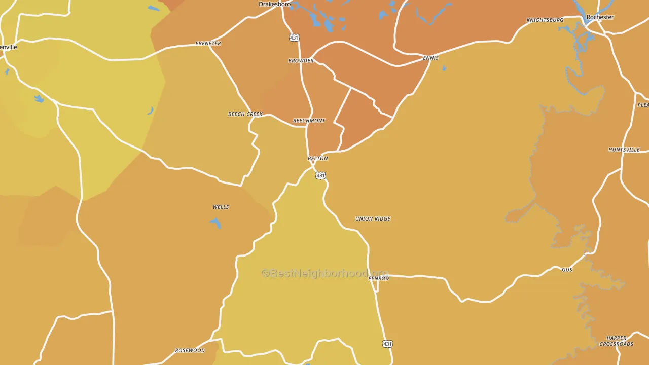 Map of the best neighborhoods in the Belton area, with better matches in green and worse matches in red