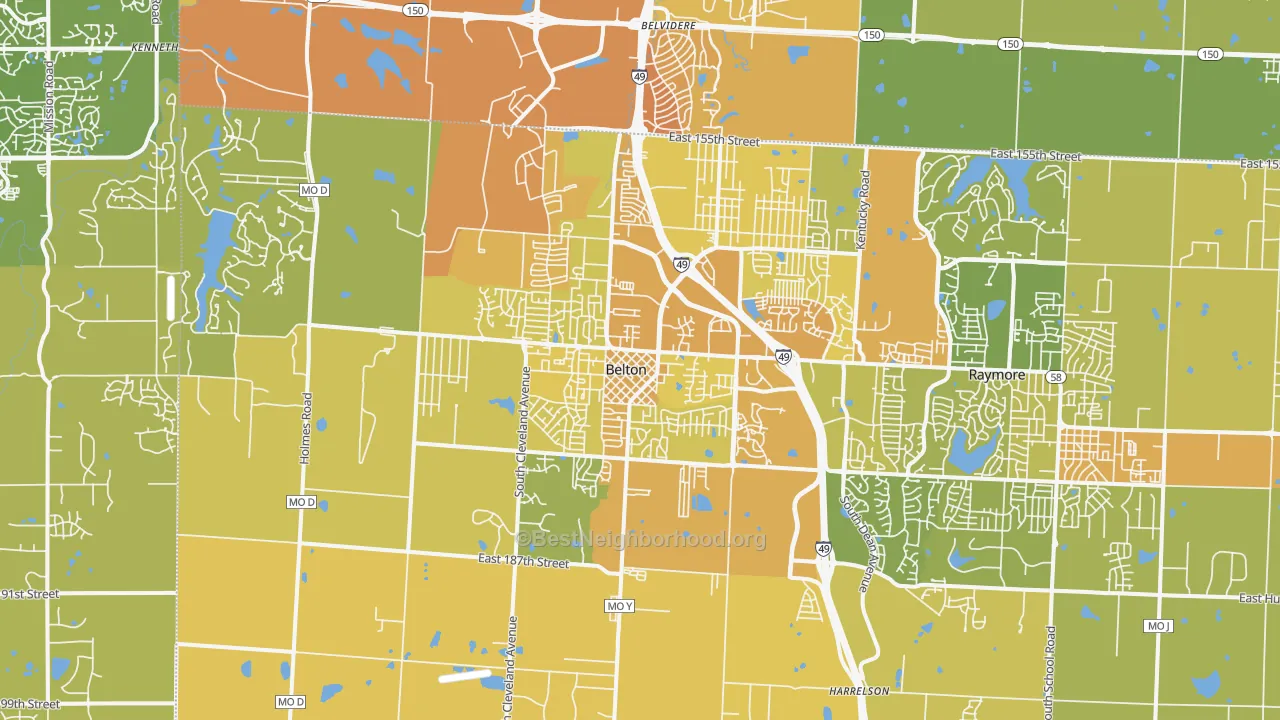Map of the best neighborhoods in the Belton area, with better matches in green and worse matches in red