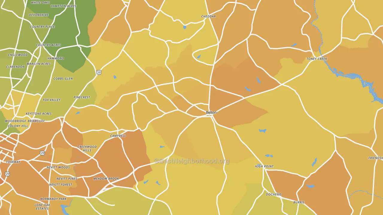 Map of the best neighborhoods in the Belton area, with better matches in green and worse matches in red