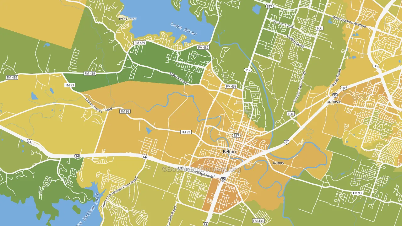 Map of the best neighborhoods in the Belton area, with better matches in green and worse matches in red