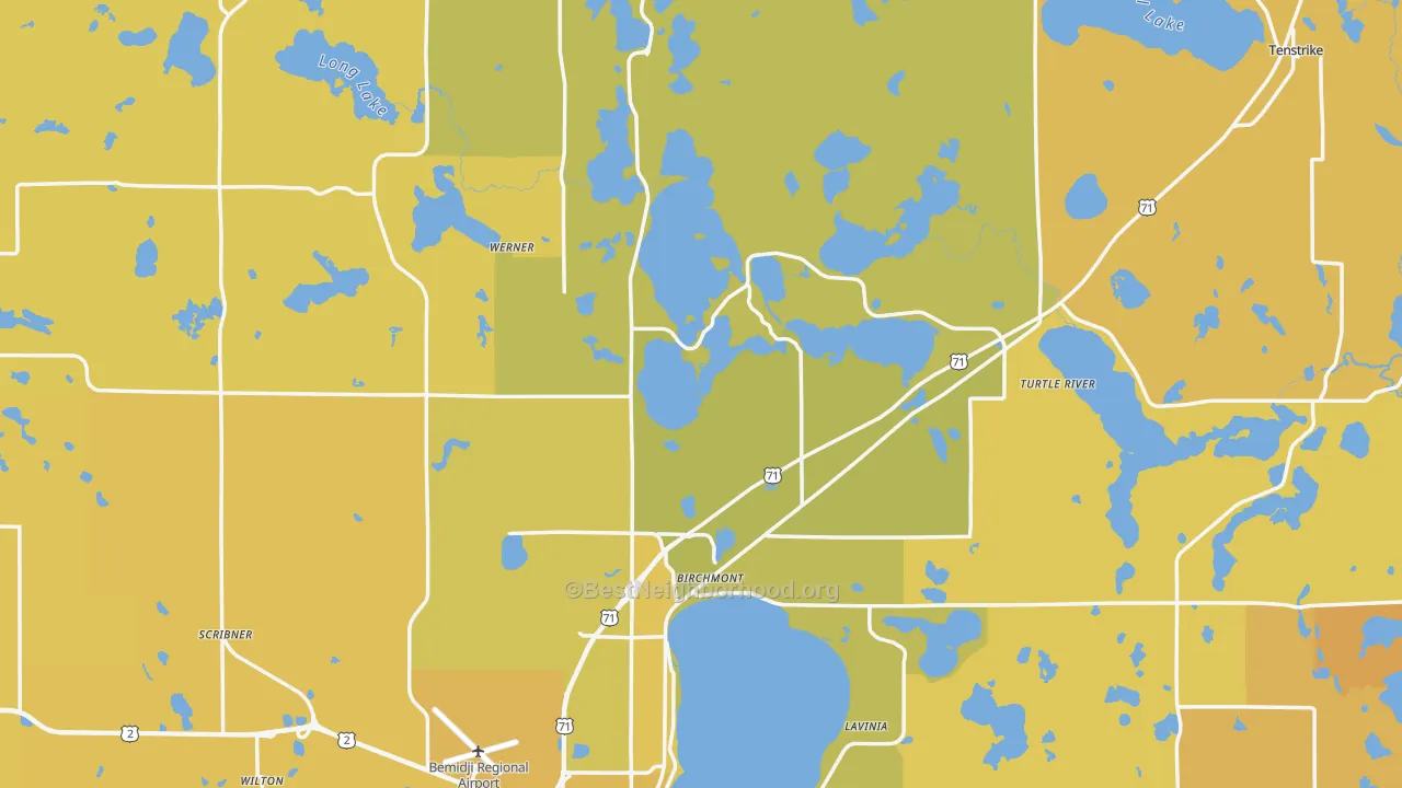 Map of the best neighborhoods in the Beltrami County area, with better matches in green and worse matches in red