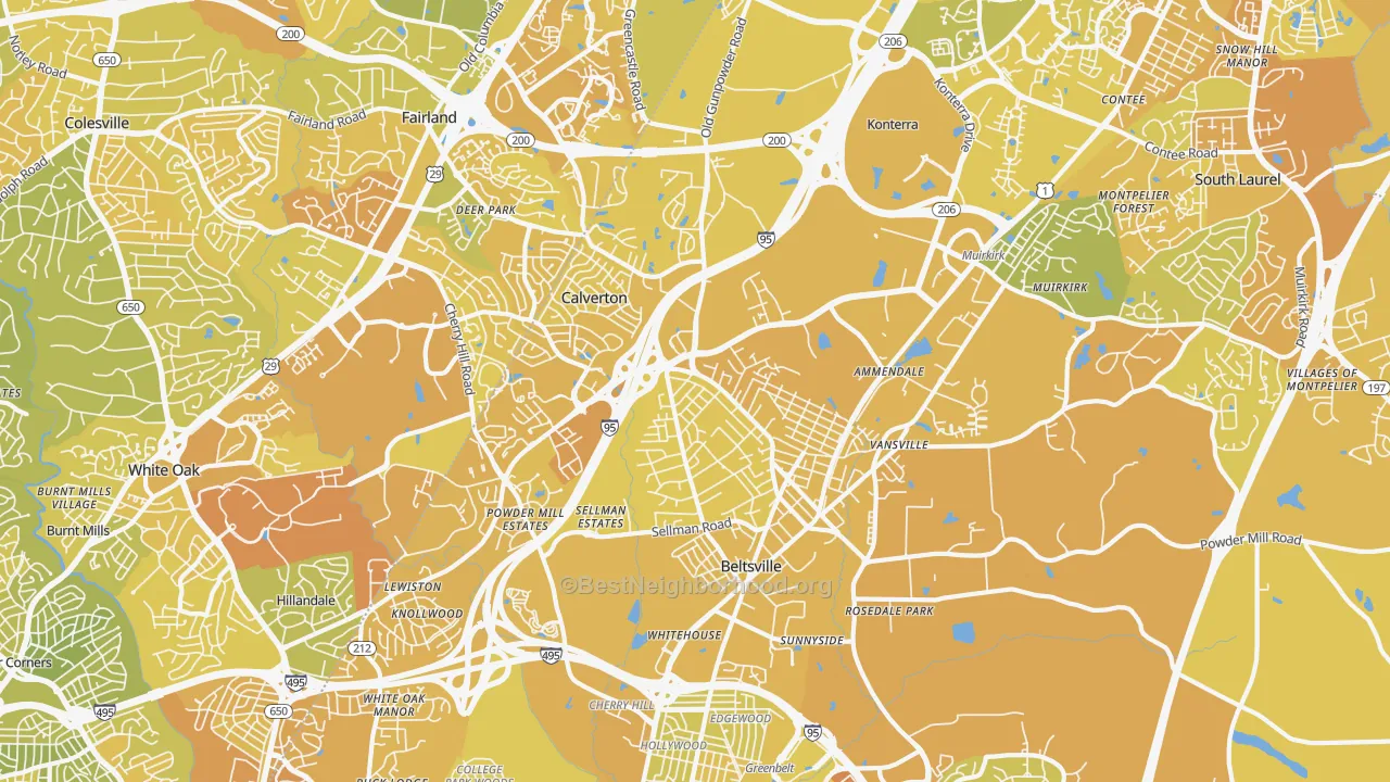 Map of the best neighborhoods in the Beltsville area, with better matches in green and worse matches in red