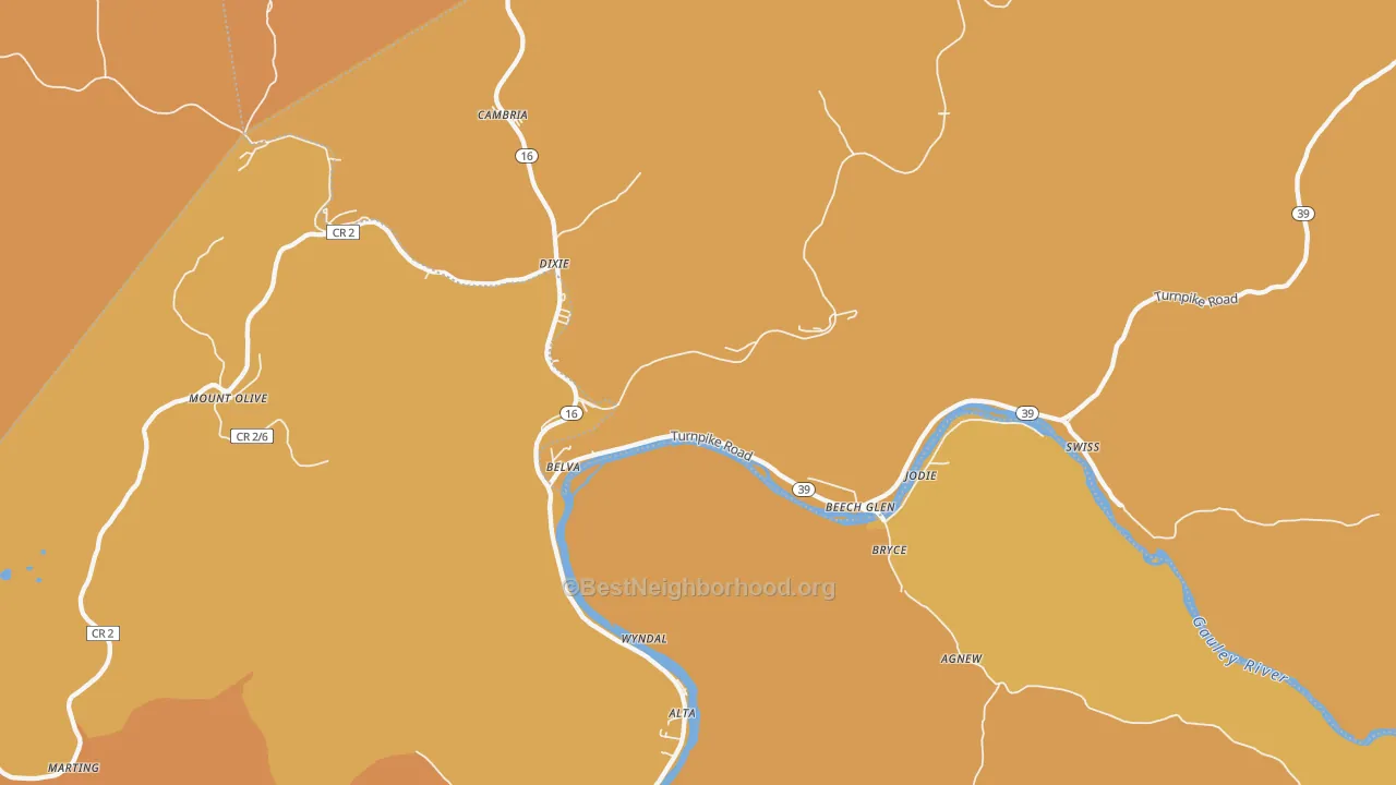 Map of the best neighborhoods in the Belva area, with better matches in green and worse matches in red