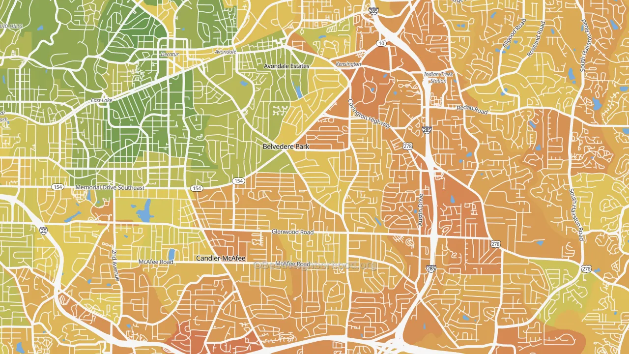 Map of the best neighborhoods in the Belvedere Park area, with better matches in green and worse matches in red