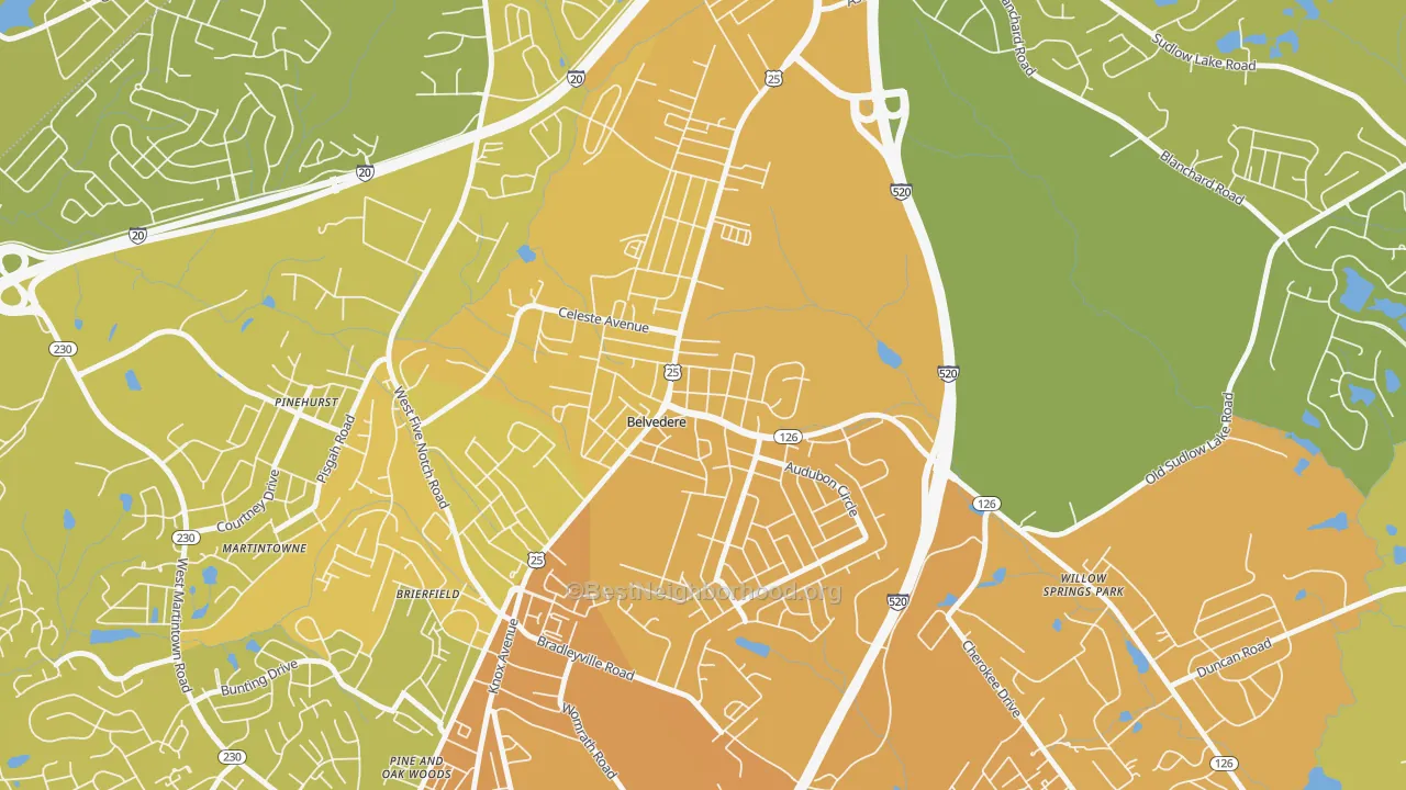 Map of the best neighborhoods in the Belvedere area, with better matches in green and worse matches in red