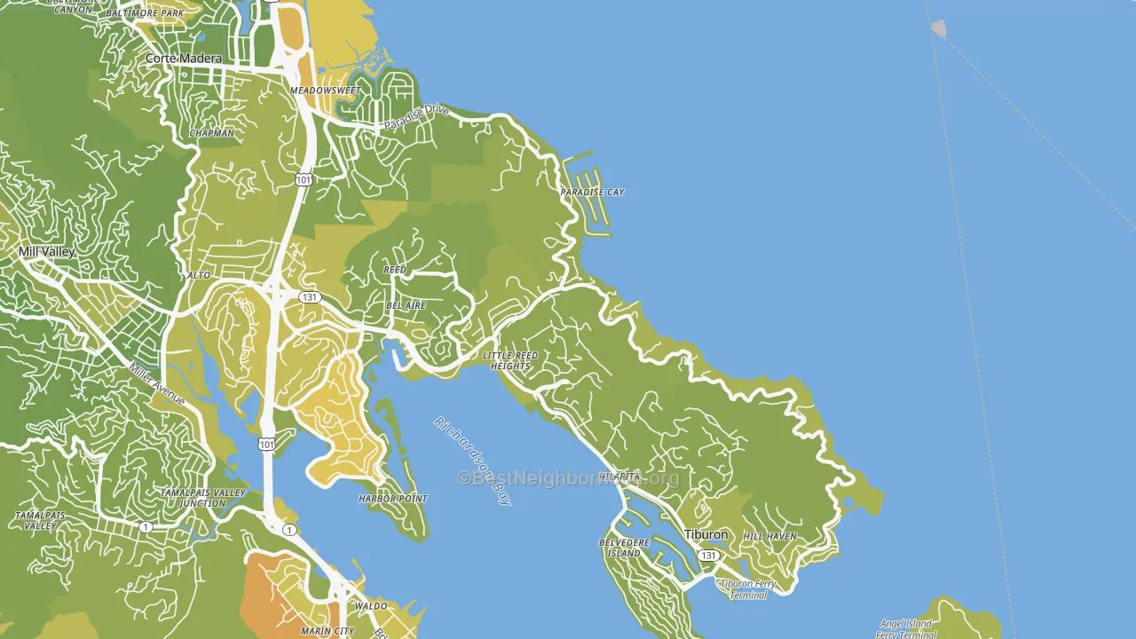 Map of the best neighborhoods in the Belvedere-Tiburon area, with better matches in green and worse matches in red