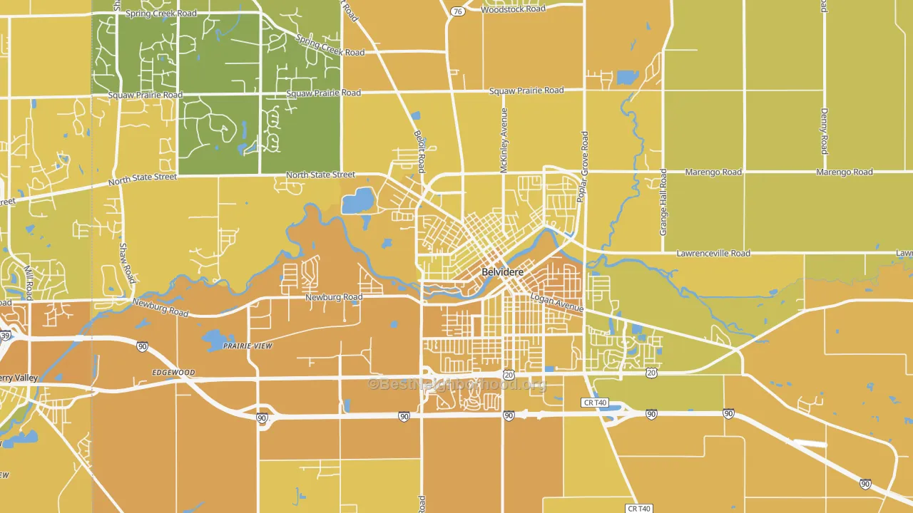Map of the best neighborhoods in the Belvidere area, with better matches in green and worse matches in red