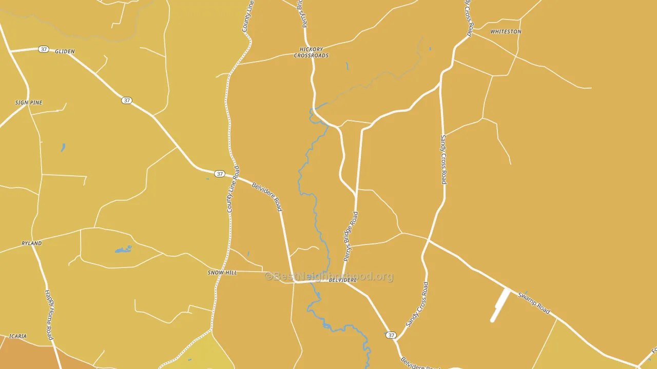 Map of the best neighborhoods in the Belvidere area, with better matches in green and worse matches in red