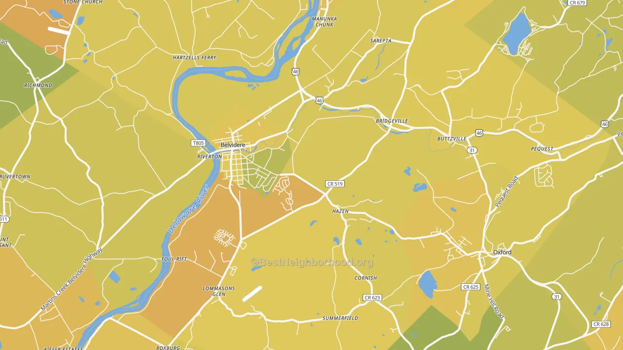 Map of the best neighborhoods in the Belvidere area, with better matches in green and worse matches in red