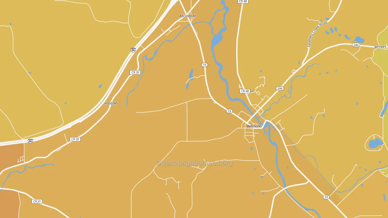 Map of the best neighborhoods in the Belvidere area, with better matches in green and worse matches in red