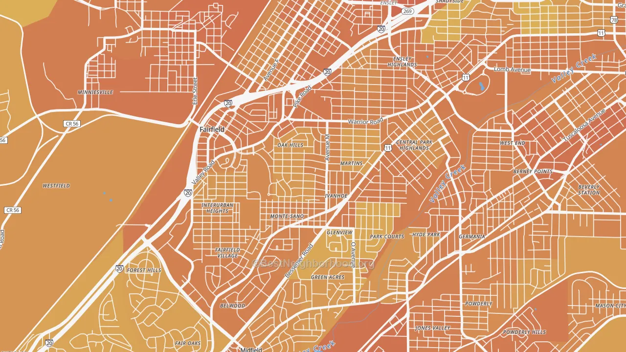 Map of the best neighborhoods in the Belview Heights, Birmingham area, with better matches in green and worse matches in red