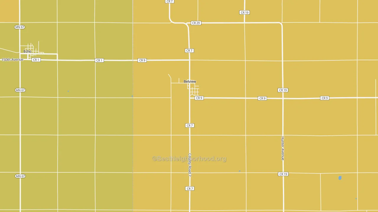Map of the best neighborhoods in the Belview area, with better matches in green and worse matches in red