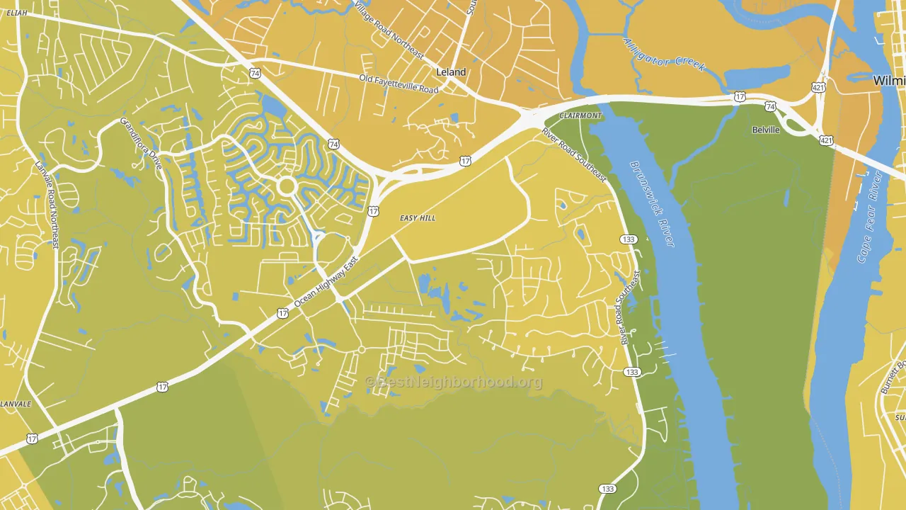 Map of the best neighborhoods in the Belville area, with better matches in green and worse matches in red