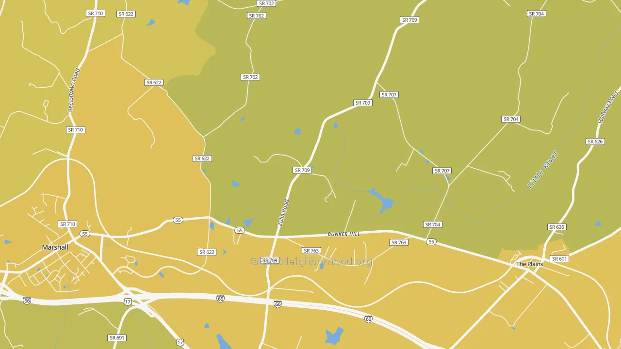 Map of the best neighborhoods in the Belvoir area, with better matches in green and worse matches in red