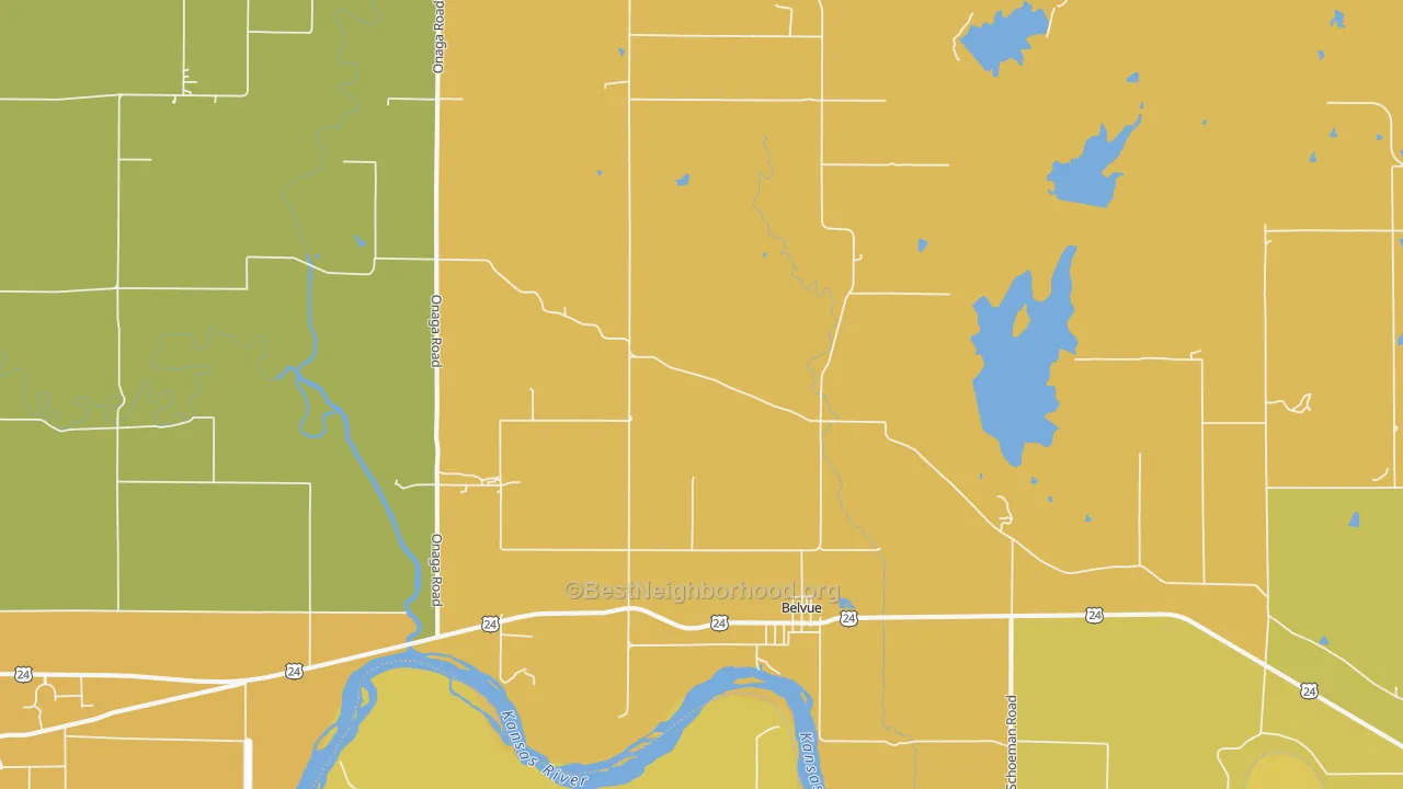 Map of the best neighborhoods in the Belvue area, with better matches in green and worse matches in red