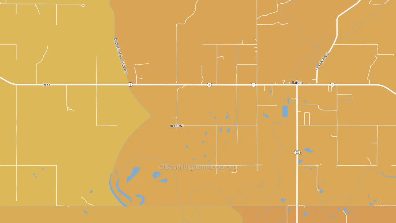 Map of the best neighborhoods in the Belzoni area, with better matches in green and worse matches in red