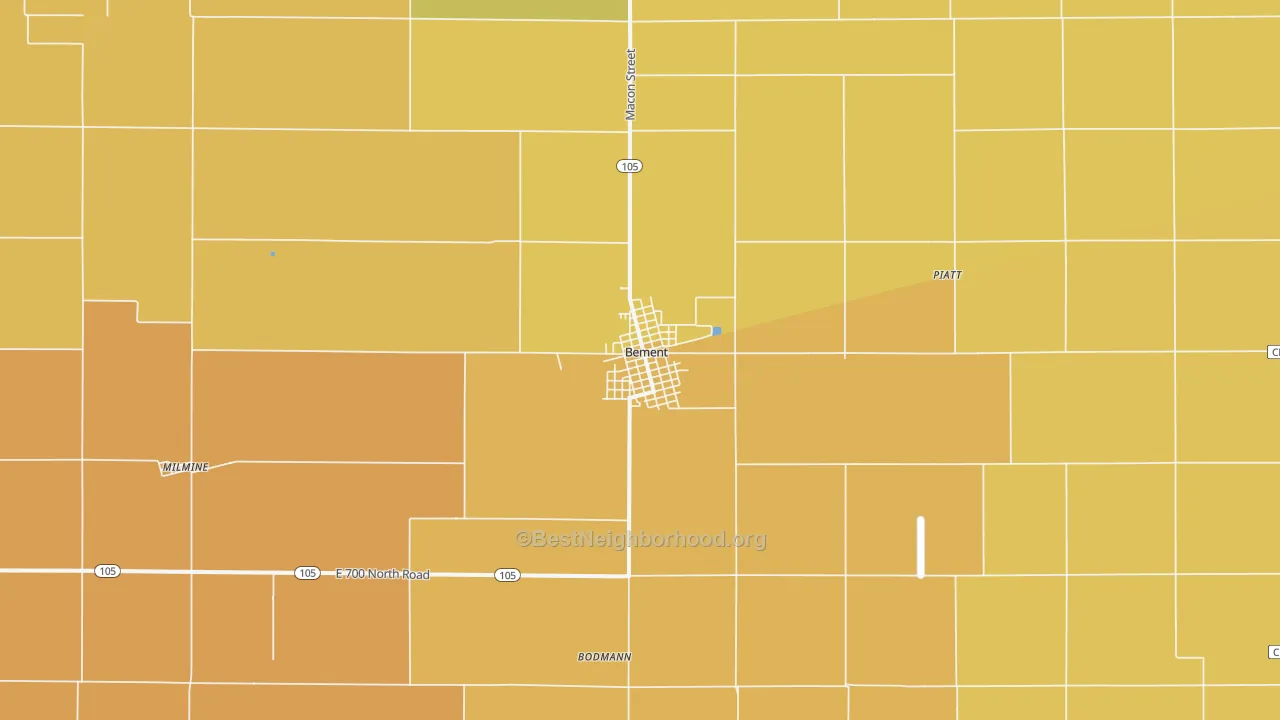 Map of the best neighborhoods in the Bement area, with better matches in green and worse matches in red