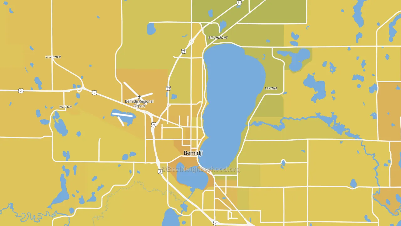 Map of the best neighborhoods in the Bemidji area, with better matches in green and worse matches in red