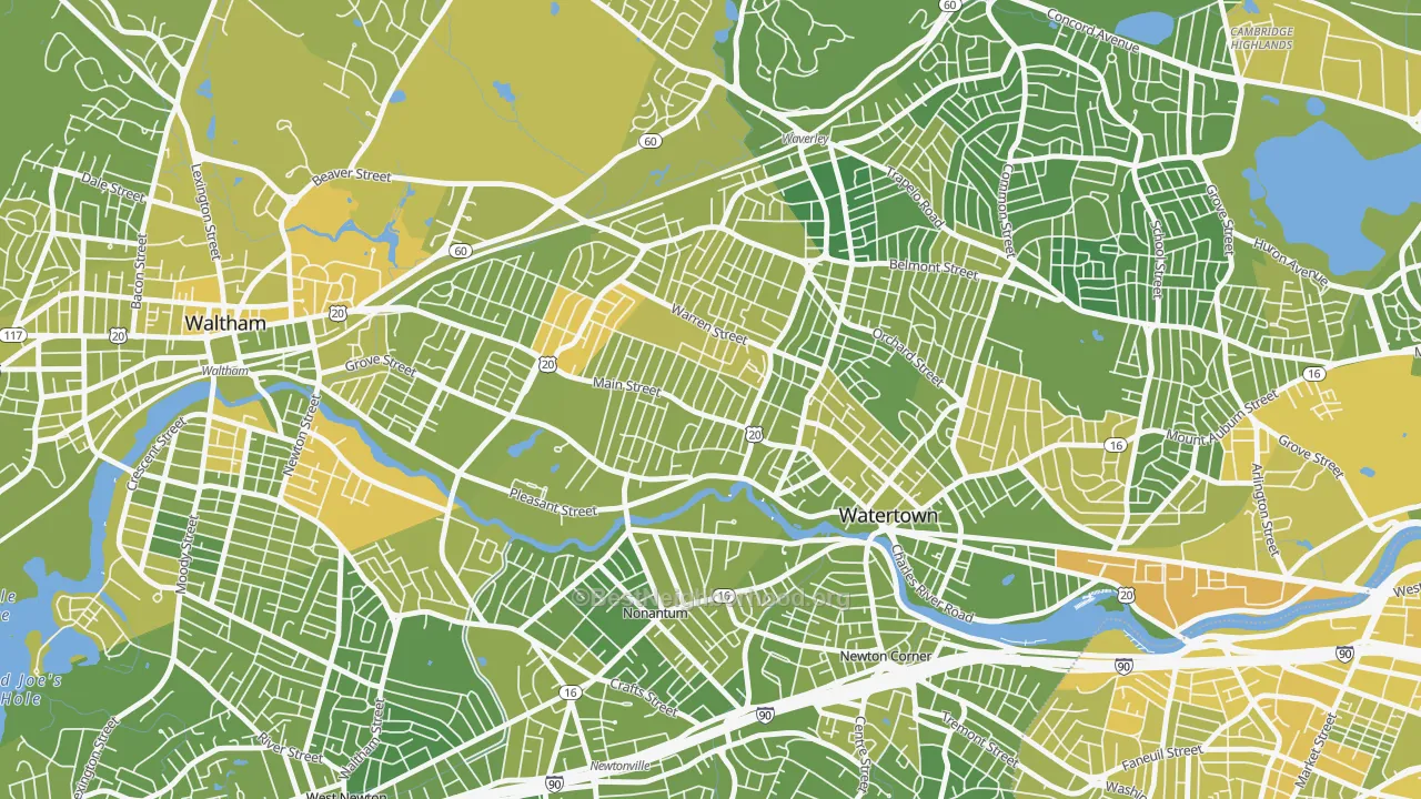 Map of the best neighborhoods in the Bemis, Watertown Town area, with better matches in green and worse matches in red