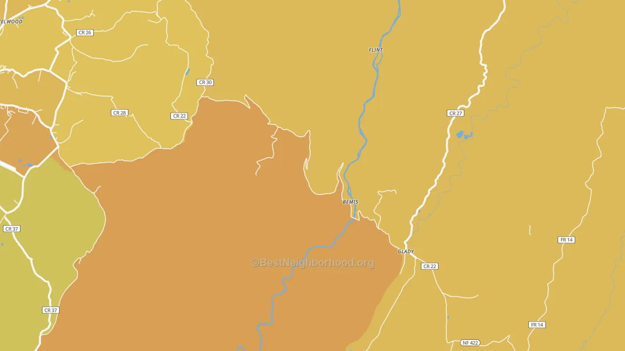 Map of the best neighborhoods in the Bemis area, with better matches in green and worse matches in red