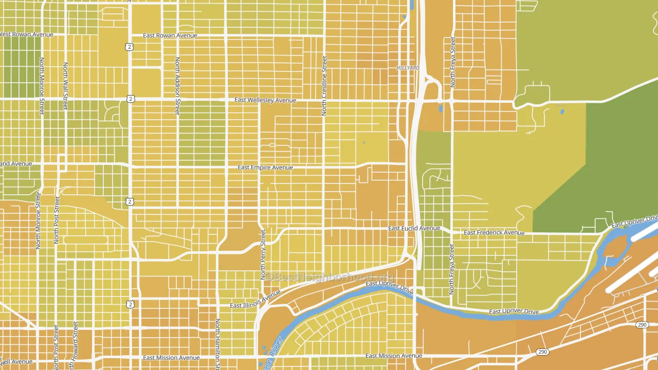 Map of the best neighborhoods in the Bemiss, Spokane area, with better matches in green and worse matches in red