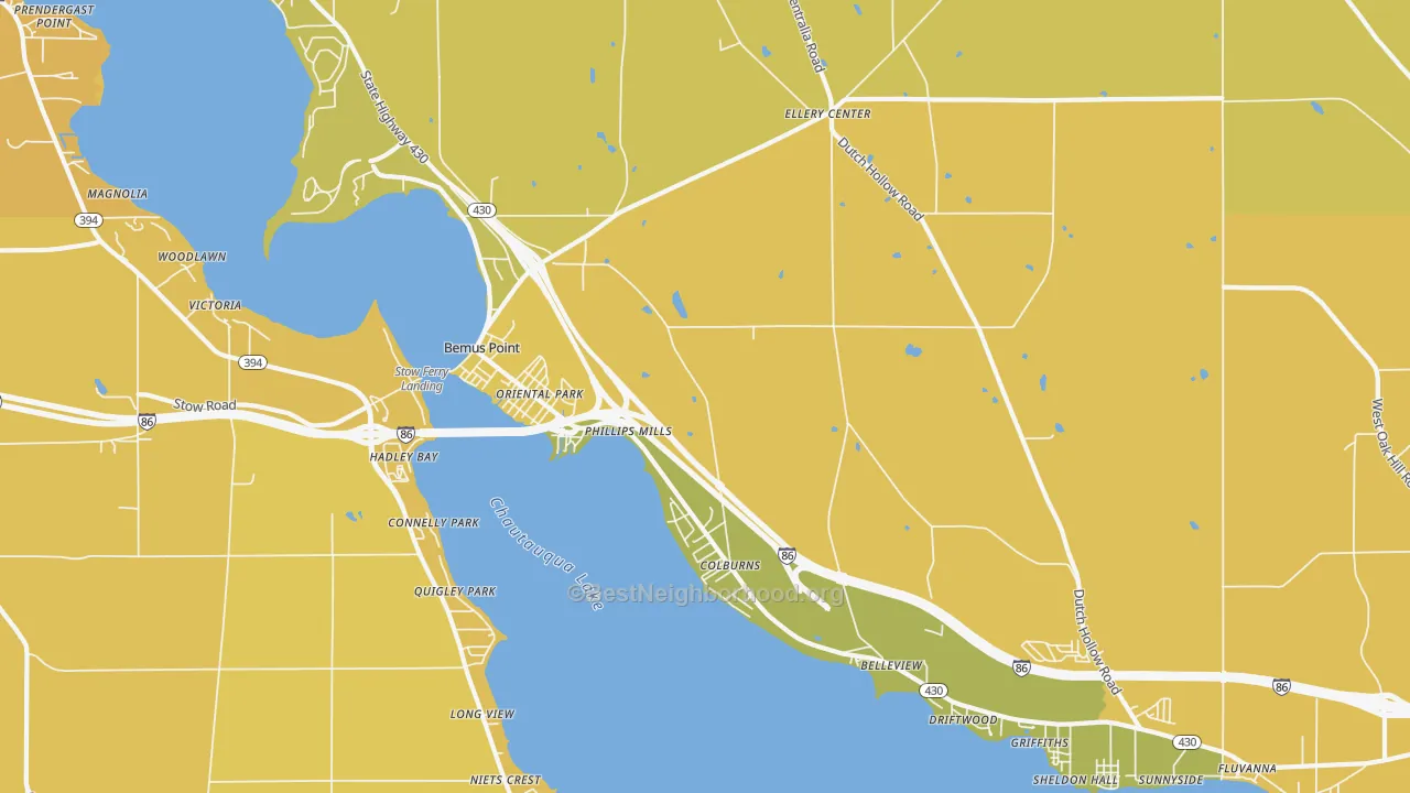 Map of the best neighborhoods in the Bemus Point area, with better matches in green and worse matches in red