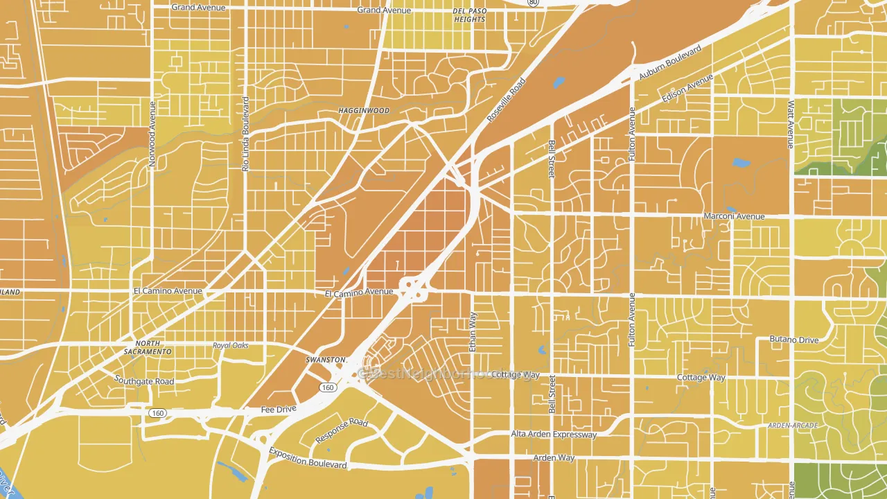Map of the best neighborhoods in the Ben Ali, Sacramento area, with better matches in green and worse matches in red