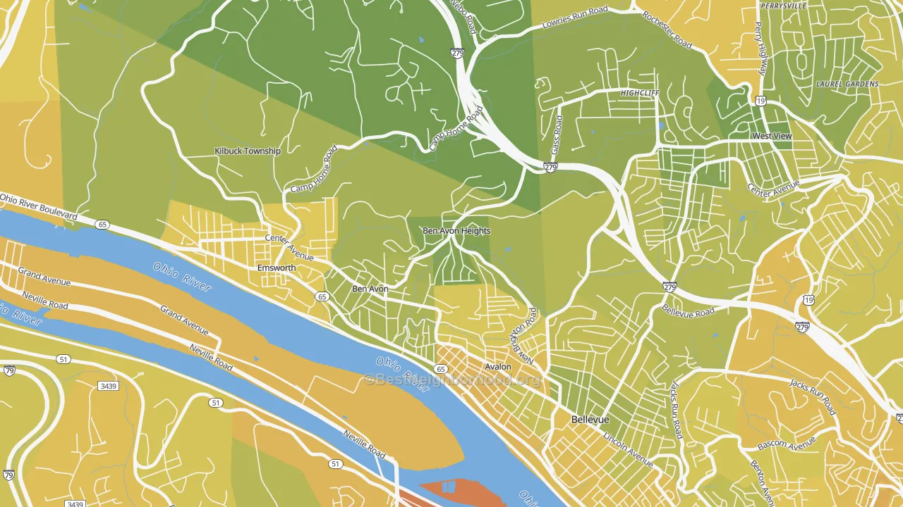 Map of the best neighborhoods in the Ben Avon Heights area, with better matches in green and worse matches in red