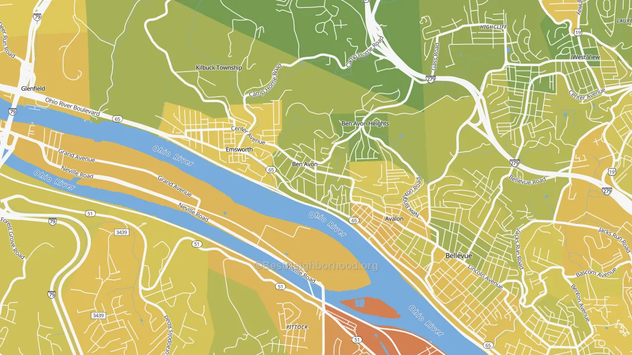 Map of the best neighborhoods in the Ben Avon area, with better matches in green and worse matches in red