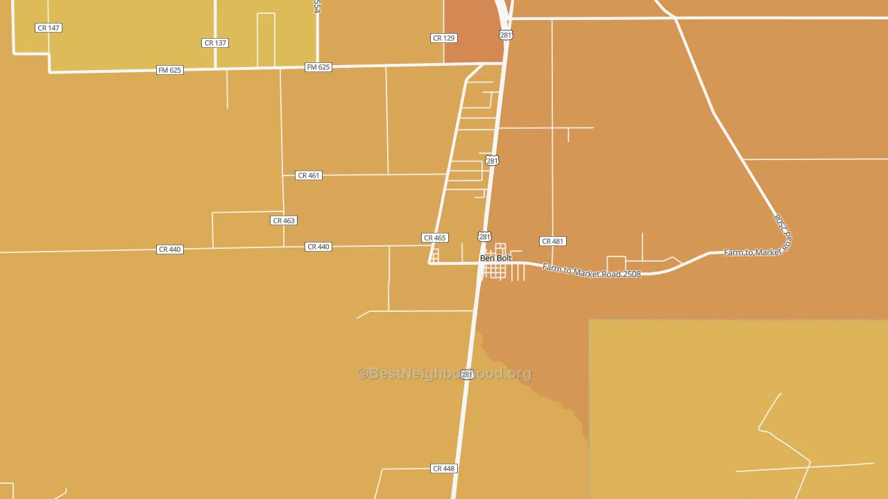 Map of the best neighborhoods in the Ben Bolt area, with better matches in green and worse matches in red