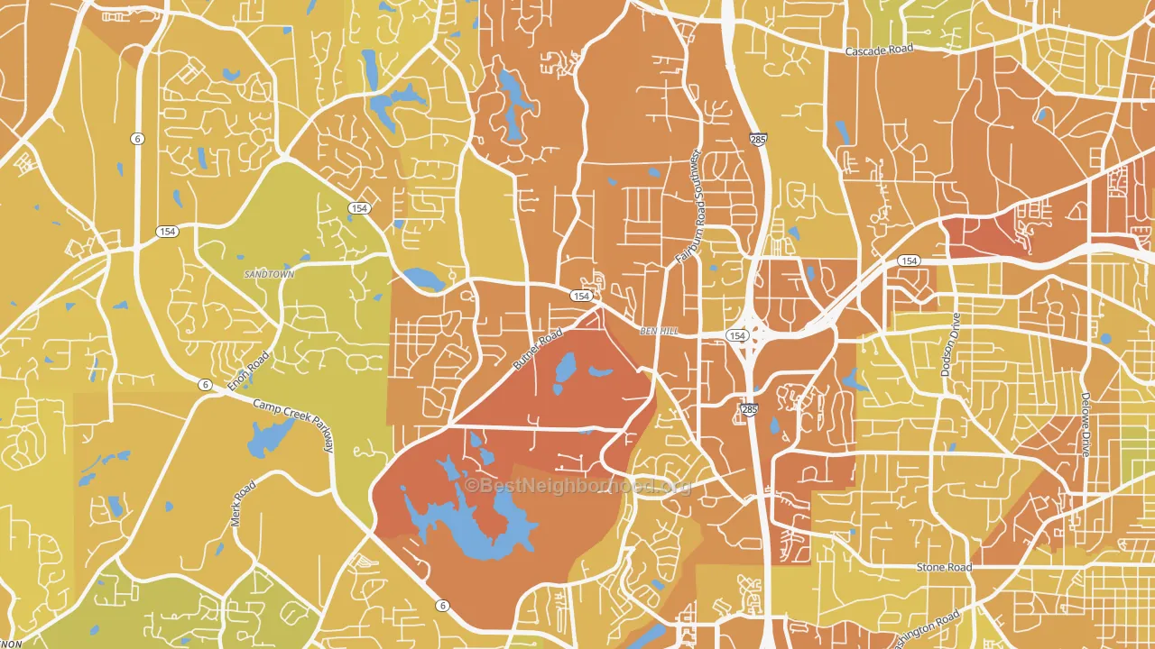 Map of the best neighborhoods in the Ben Hill, Atlanta area, with better matches in green and worse matches in red