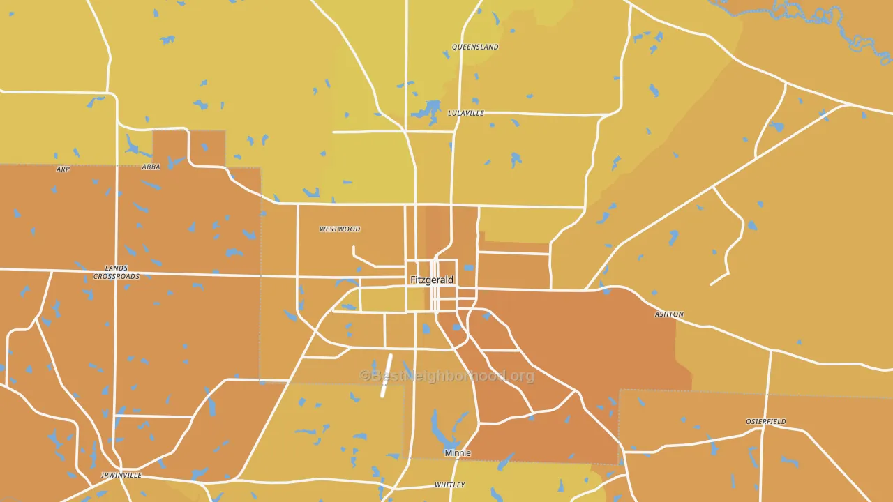 Map of the best neighborhoods in the Ben Hill County area, with better matches in green and worse matches in red