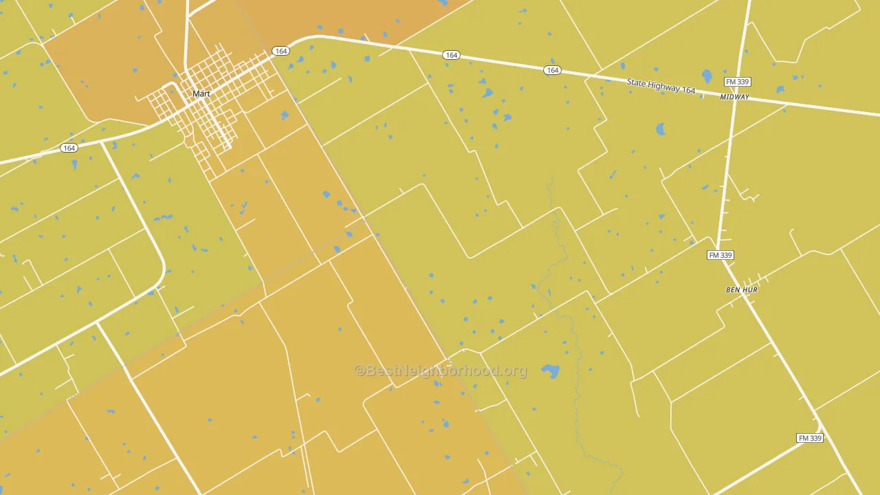 Map of the best neighborhoods in the Ben Hur area, with better matches in green and worse matches in red
