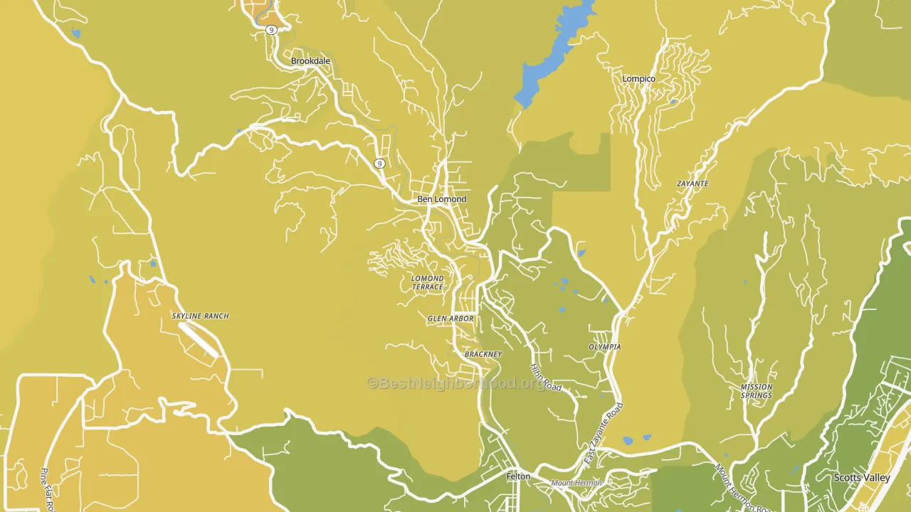 Map of the best neighborhoods in the Ben Lomond area, with better matches in green and worse matches in red