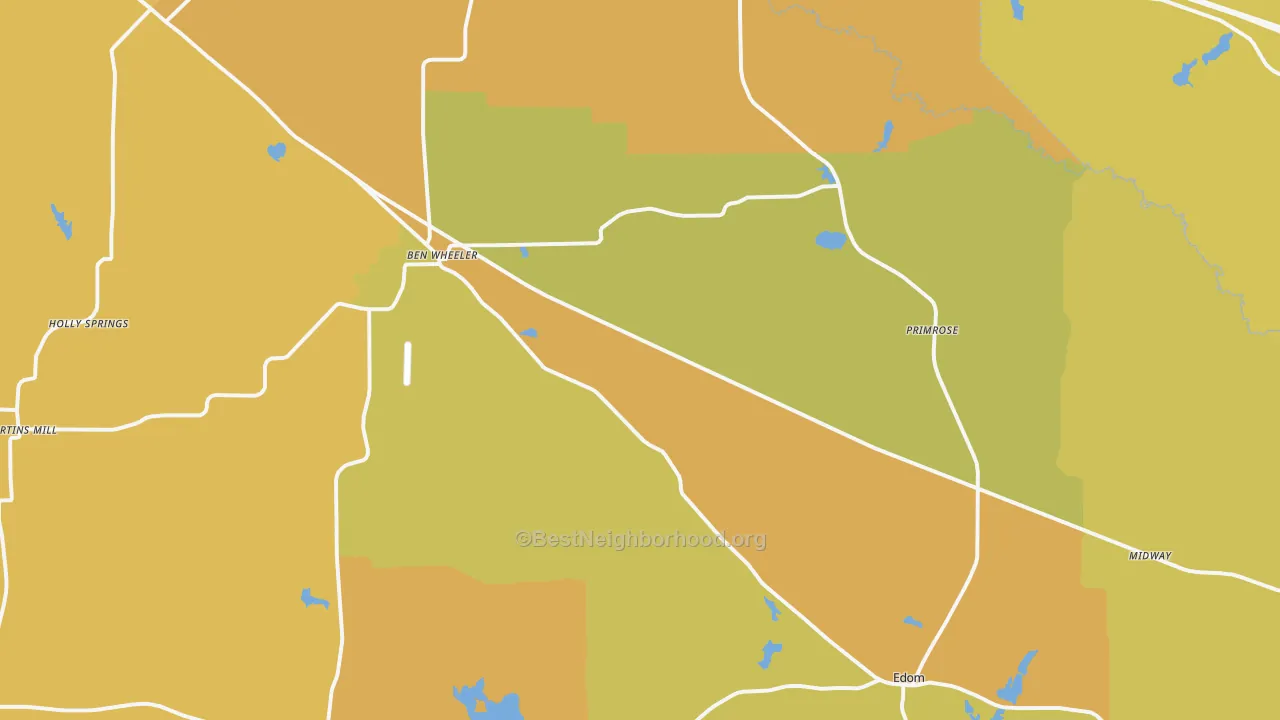 Map of the best neighborhoods in the Ben Wheeler area, with better matches in green and worse matches in red