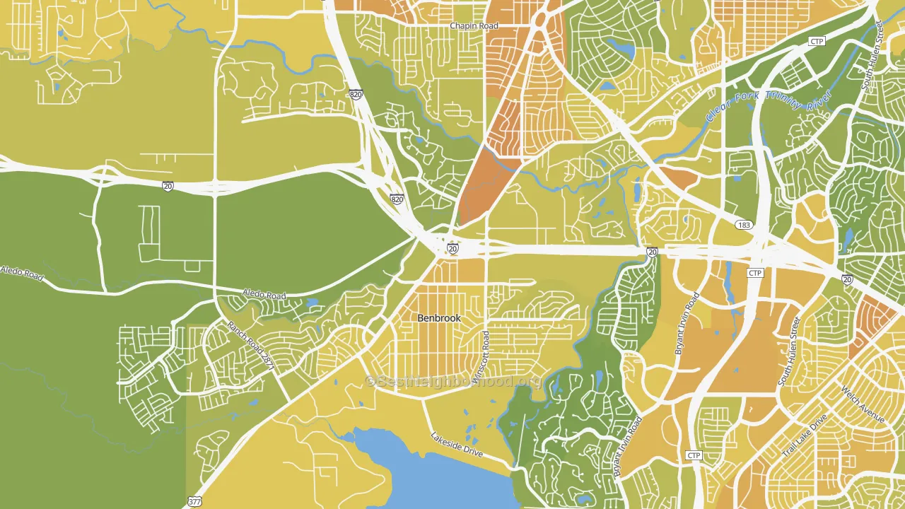 Map of the best neighborhoods in the Benbrook area, with better matches in green and worse matches in red