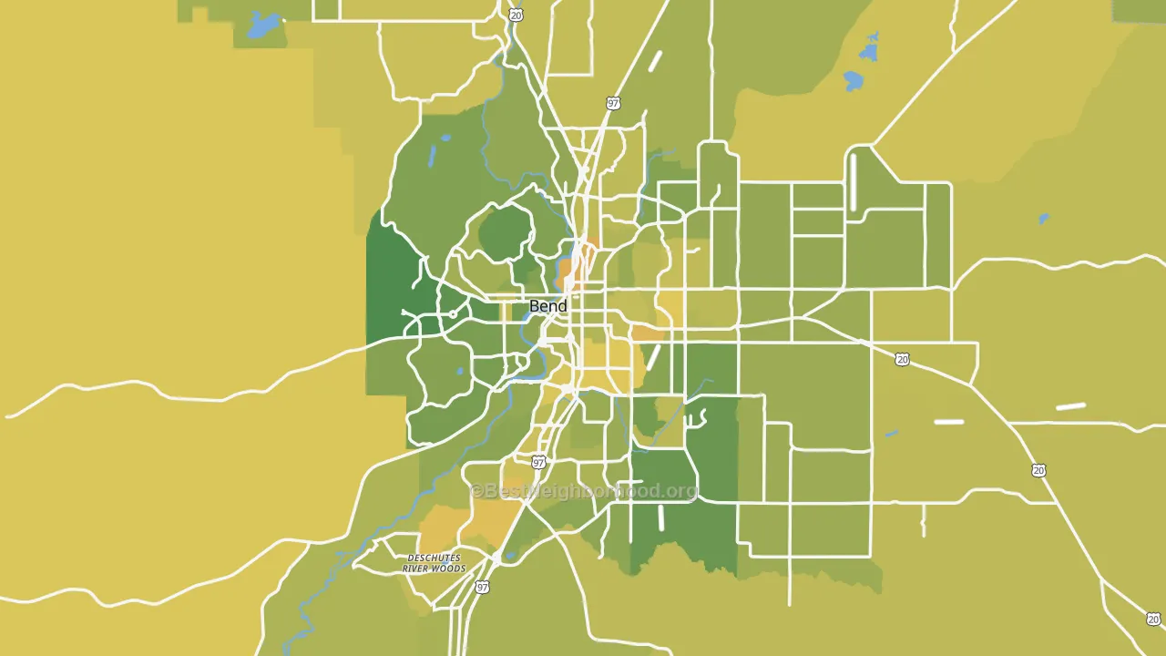 Map of the best neighborhoods in the Bend Metro area, with better matches in green and worse matches in red
