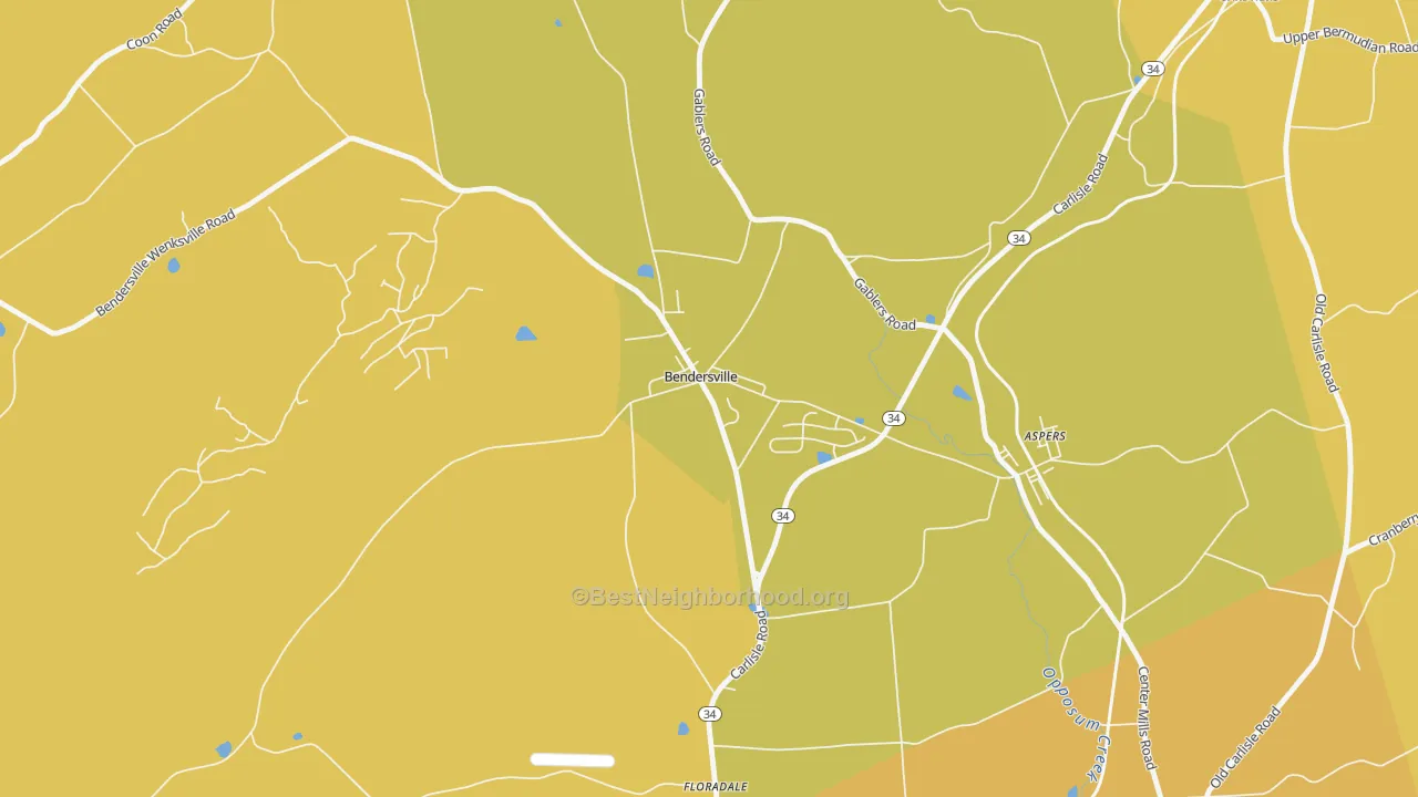 Map of the best neighborhoods in the Bendersville area, with better matches in green and worse matches in red