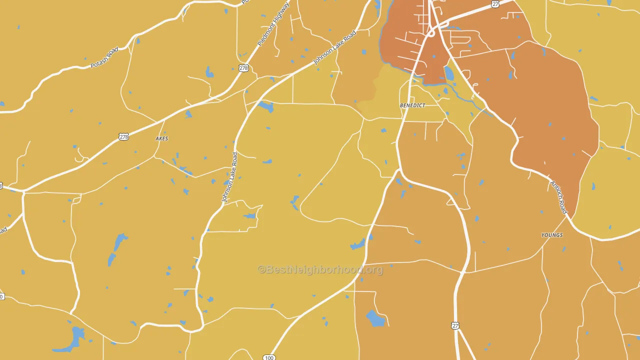 Map of the best neighborhoods in the Benedict area, with better matches in green and worse matches in red