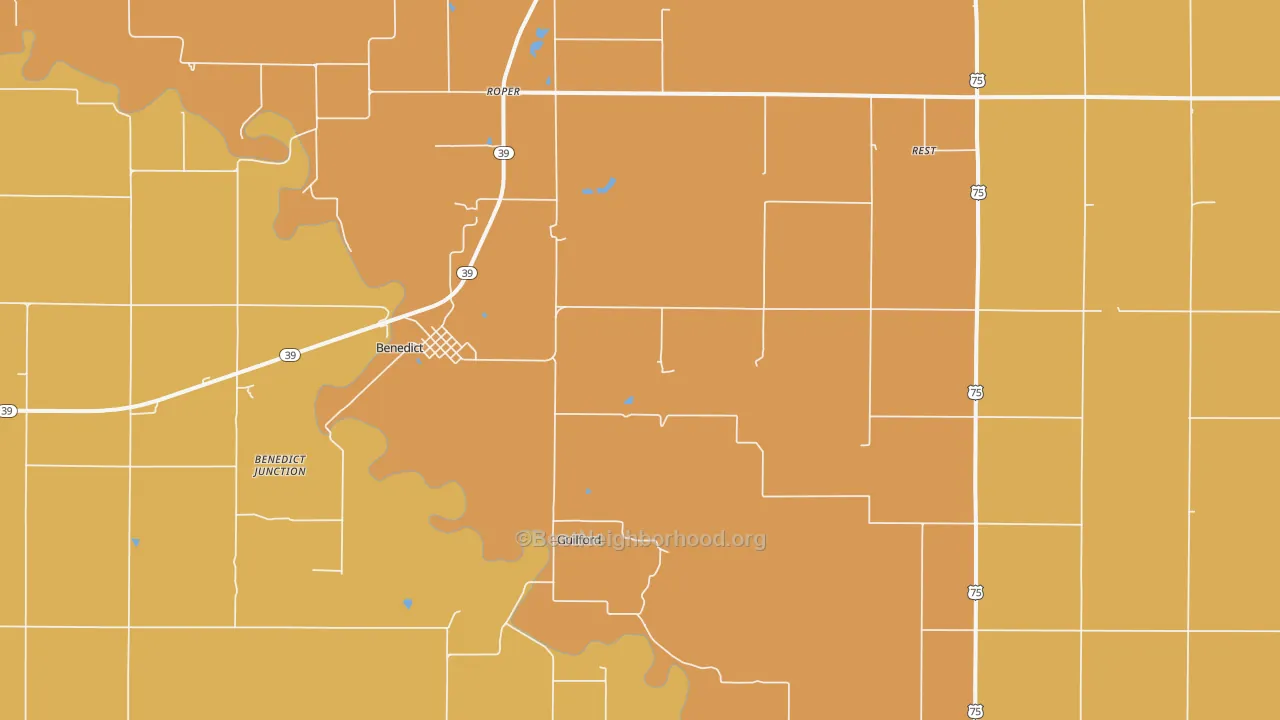 Map of the best neighborhoods in the Benedict area, with better matches in green and worse matches in red