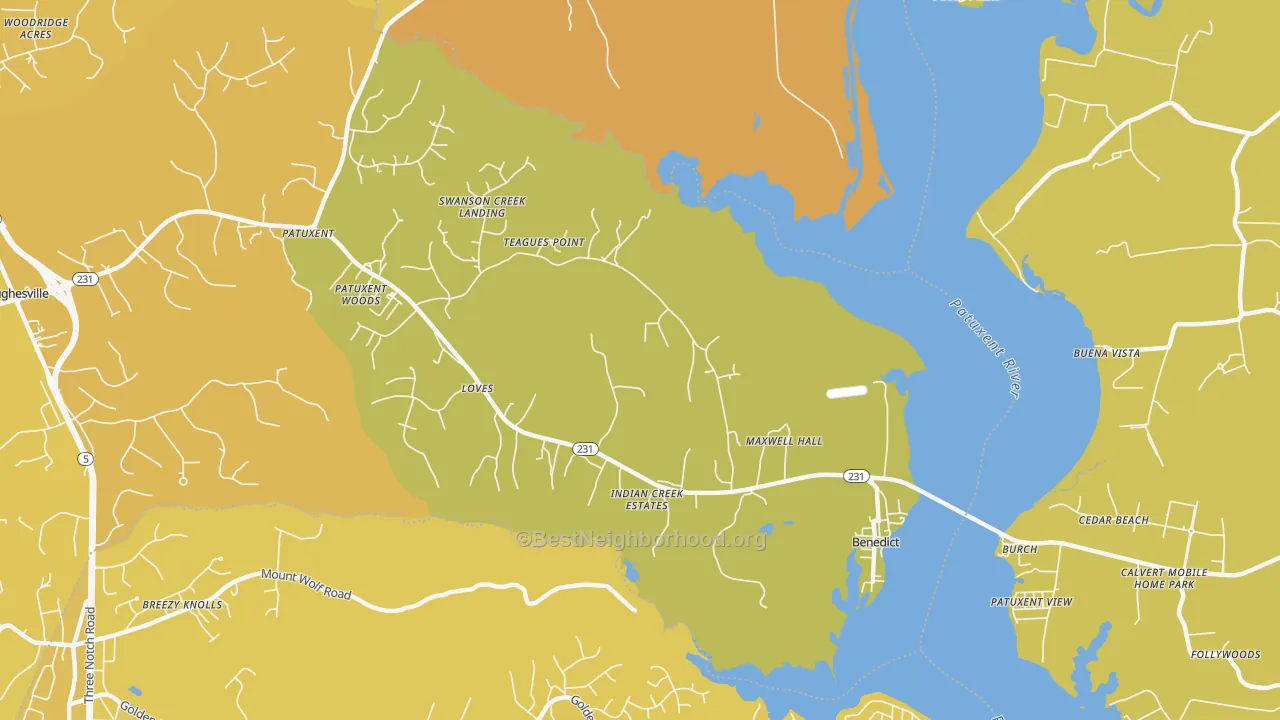 Map of the best neighborhoods in the Benedict area, with better matches in green and worse matches in red