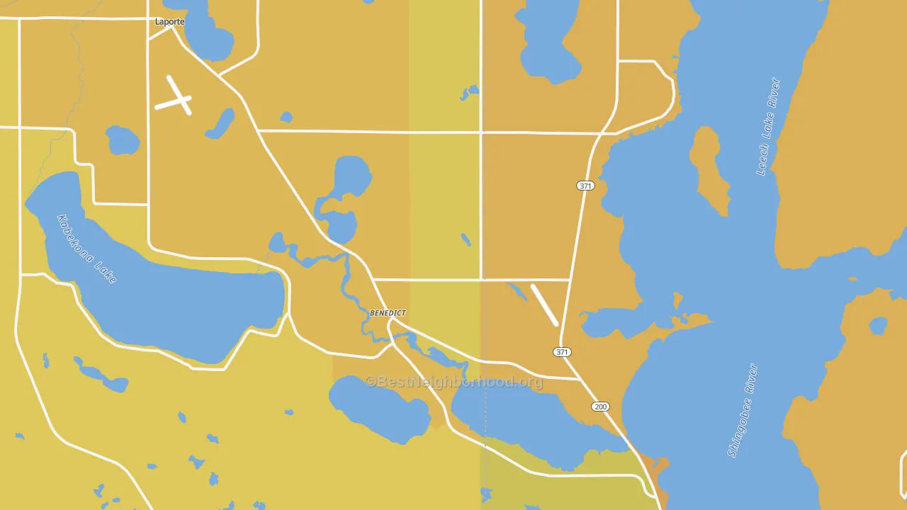 Map of the best neighborhoods in the Benedict area, with better matches in green and worse matches in red
