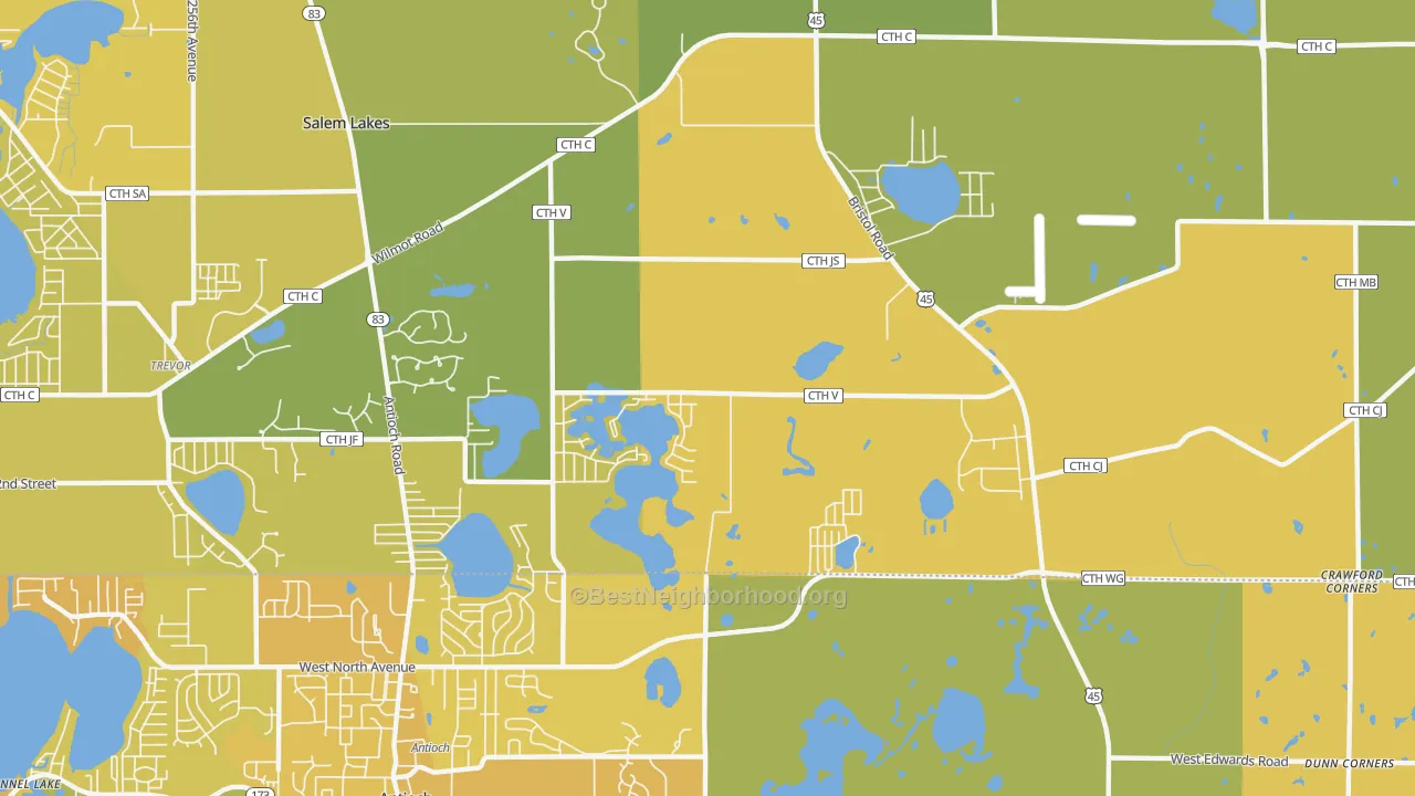Map of the best neighborhoods in the Benet Lake area, with better matches in green and worse matches in red