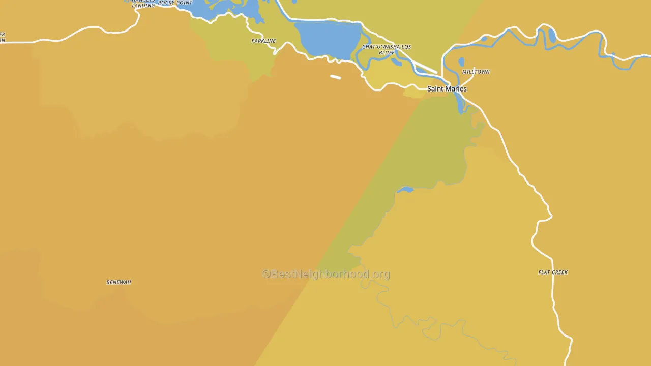 Map of the best neighborhoods in the Benewah County area, with better matches in green and worse matches in red