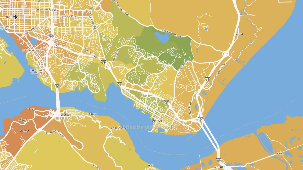 Map of the best neighborhoods in the Benicia area, with better matches in green and worse matches in red