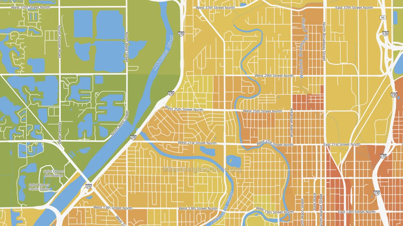 Map of the best neighborhoods in the Benjamin Hills, Wichita area, with better matches in green and worse matches in red