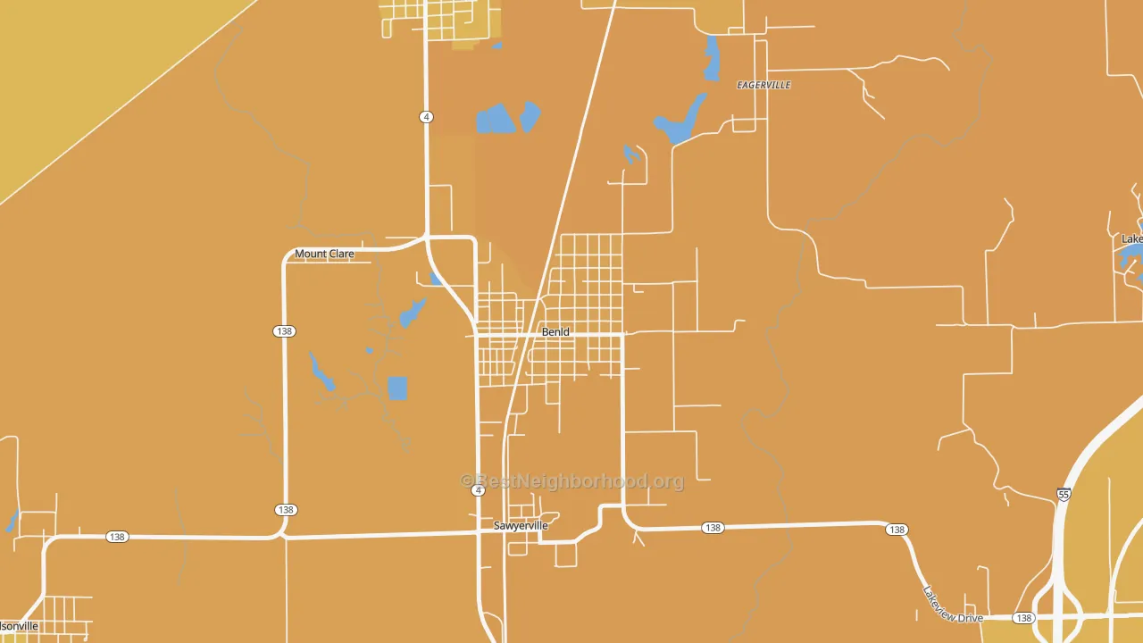 Map of the best neighborhoods in the Benld area, with better matches in green and worse matches in red