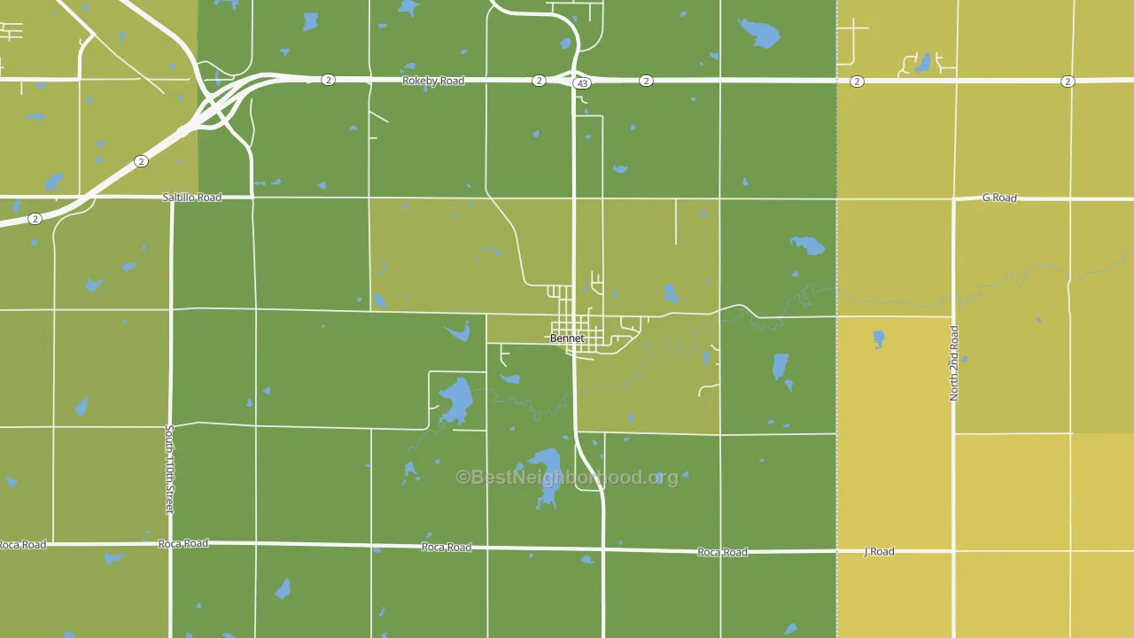 Map of the best neighborhoods in the Bennet area, with better matches in green and worse matches in red