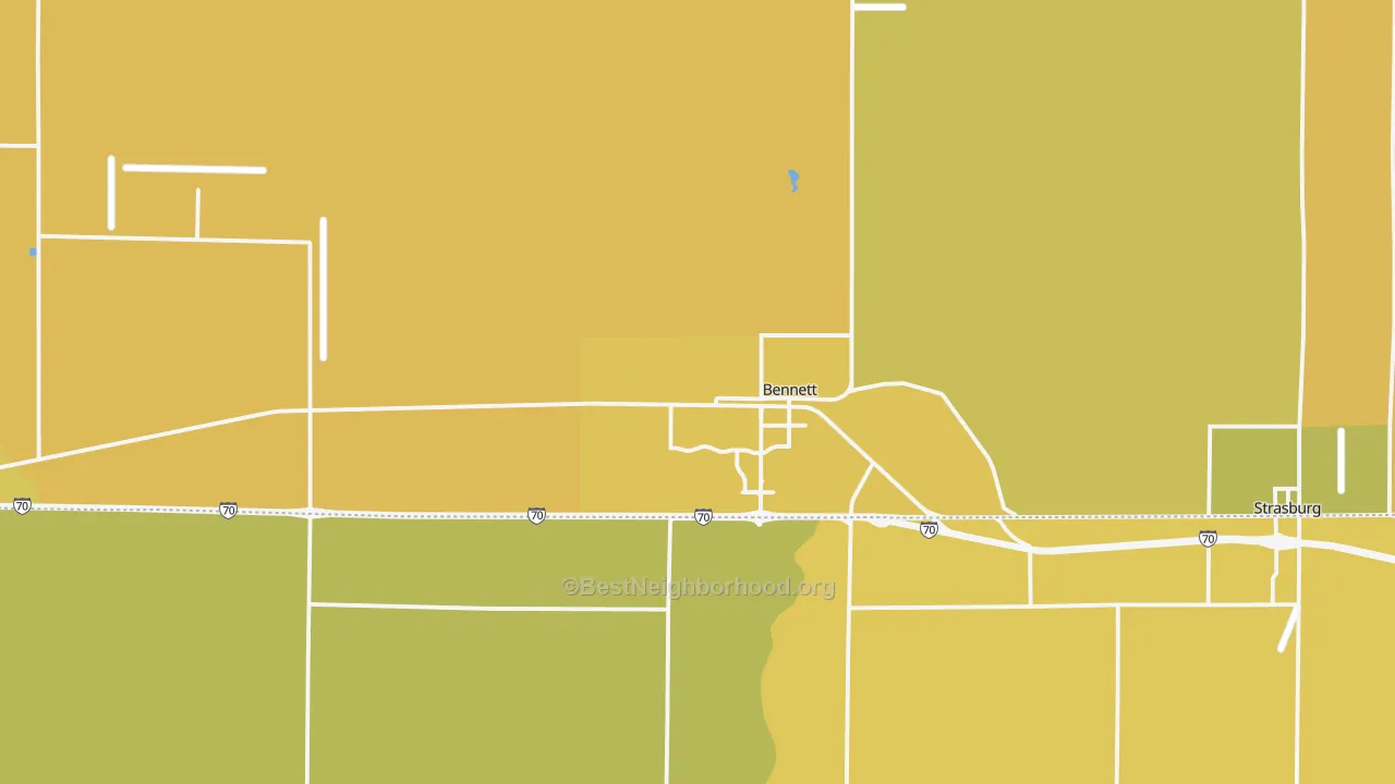 Map of the best neighborhoods in the Bennett area, with better matches in green and worse matches in red
